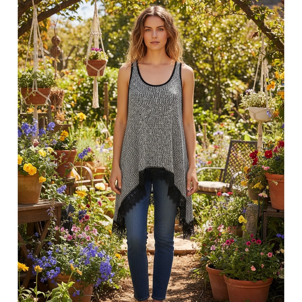 Moon Collection S Tunic Tank Top Black Marled‎ Lace Whimsigoth Edgy Boho Fairy